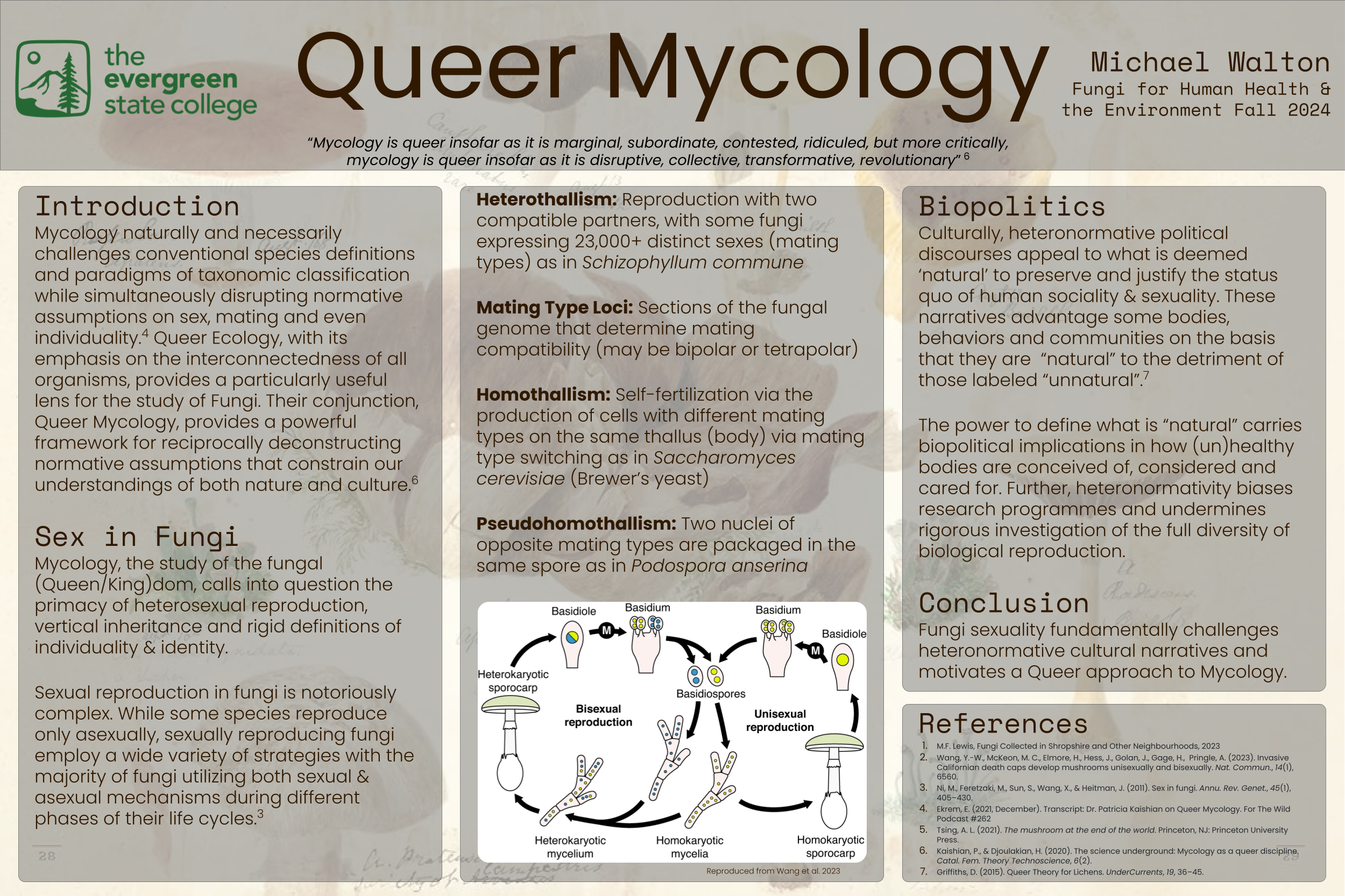 scientific poster presentation with a tan background and brown text titled "Queer Mycology"