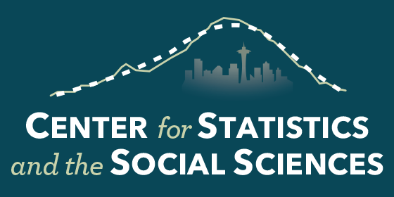 logo of the Center for Statistics and the Social Sciences depicting a bellcurve over the Seattle skyline with a teal background and white text